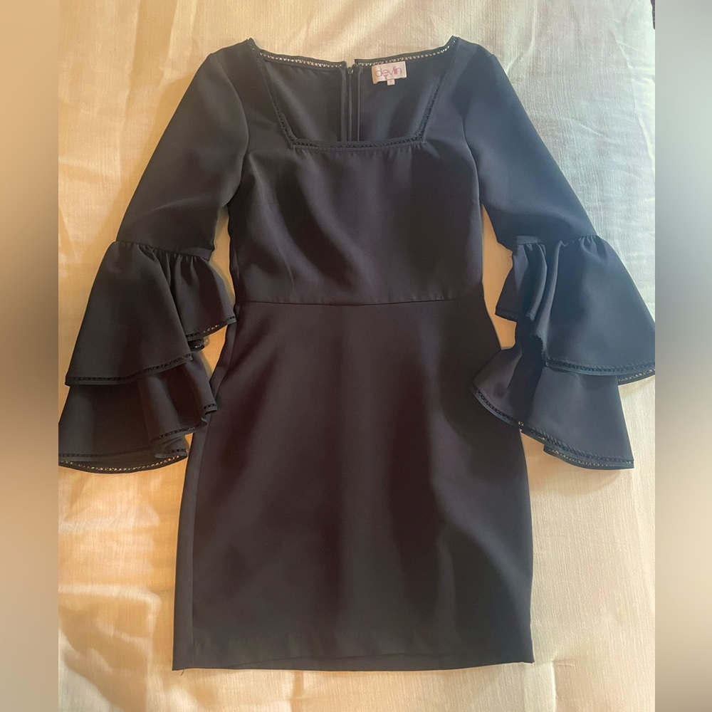 Dress by Devlin; black size 2; short dress with flared long sleeves; square neck
